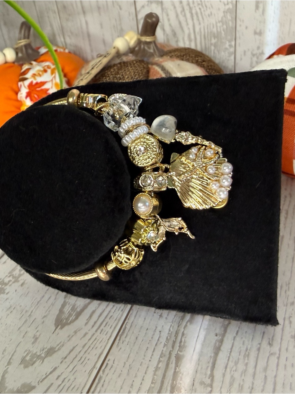 Gold Tone Charm Bracelet with Pearls and Crystal Accents